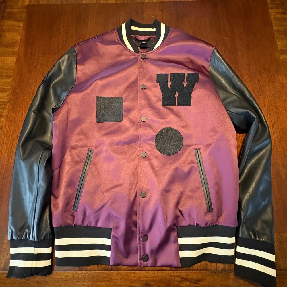 H&M x The Weeknd XO Varsity Bomber Jacket Snake Satin Faux Leather Burgundy